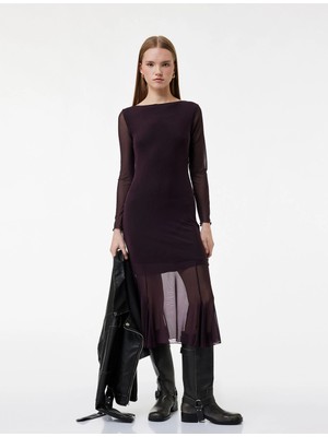 Koton Uzun Kollu Bisiklet Yaka Volanlı Midi Elbise