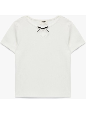 Koton Kaşkorse Pamuklu Kısa Kollu Bisiklet Yaka Fiyonklu Tişört