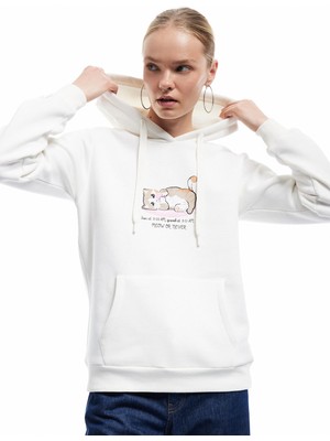 Koton Üç Iplik Şardonlu Kanguru Cep Detaylı Kedi Baskılı Kapüşonlu Sweatshirt