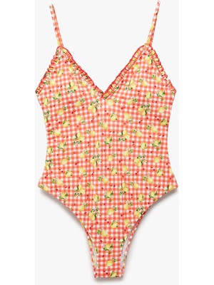 Koton Pötikareli Limon Desenli Fırfır Detaylı Ince Askılı Mayo