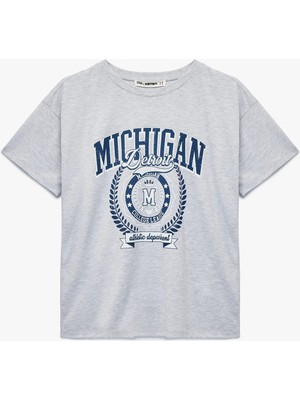 Koton Kısa Kollu Kolej Baskılı Bisiklet Yaka Oversize Tişört