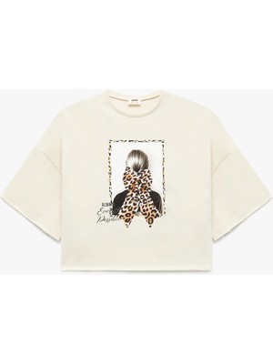 Baskılı Kısa Kollu Bisiklet Yaka Pamuklu Tişört