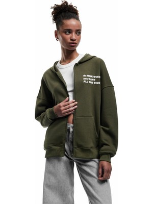 Koton Şardonlu Kanguru Cepli Arkası Baskılı Fermuarlı Kapüşonlu Oversize Sweatshirt