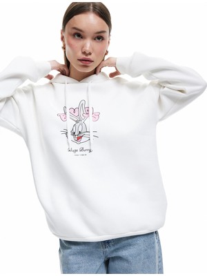 Koton Bugs Bunny Lisanslı Arkası Baskılı Şardonlu Uzun Kollu Kapüşonlu Oversize Sweatshirt