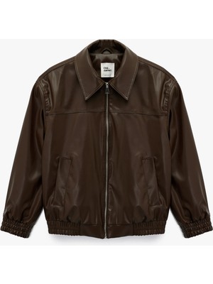 Koton Klasik Yaka Cepli Fermuarlı Suni Deri Oversize Bomber Ceket