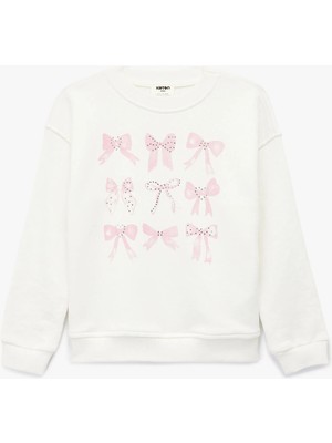 Koton Uzun Kollu Bisiklet Yaka Fiyonk Baskılı Pamuklu Oversize Sweatshirt