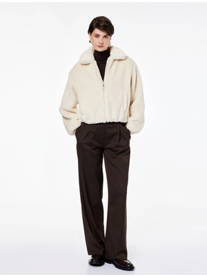 Koton Uzun Kollu Cepli Fermuarlı Crop Peluş Bomber Ceket