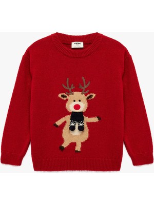 Koton Bisiklet Yaka Uzun Kollu Geyik Desenli Triko Kazak