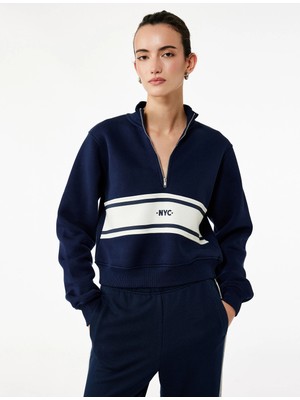 Şardonlu Kolej Temalı Uzun Kollu Dik Yaka Yarım Fermuarlı Crop Sweatshirt