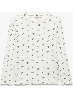 Kaşkorse Yumuşak Dokulu Uzun Kollu Bisiklet Yaka Fiyonk Baskılı Tişört