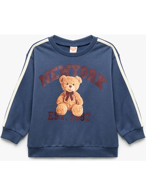 Şardonlu Uzun Kollu Ayıcık Baskılı Bisiklet Yaka Sweatshirt