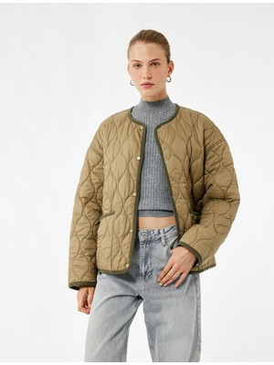 Uzun Kollu Düğmeli Cepli Bisiklet Yaka Su Itici Kapitone Mevsimlik Mont