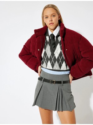 Koton Kadife Şişme Mont Oversize Kapitoneli Düğmeli Cep Detaylı Dik Yaka