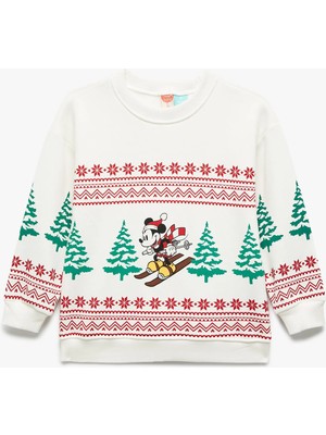 Lisanslı Mickey Mouse Baskılı Uzun Kollu Şardonlu Sweatshirt