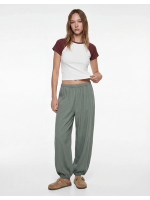 Koton Slim Fit Pamuklu Renk Bloklu Kısa Kollu Bisiklet Yaka Crop Tişört Pijama Üstü