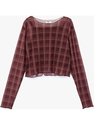 Koton Uzun Kollu Bisiklet Yaka Ekoseli Crop Bluz