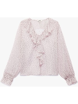 Koton Uzun Kollu Puantiye Desenli  V Yaka Fırfırlı Şifon Bluz