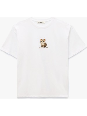 Koton Kısa Kollu Bisiklet Yaka Pamuklu Kedi Nakışlı Oversize Tişört