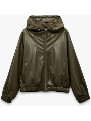 Fermuarlı Cepli Uzun Kollu Kapüşonlu Crop Suni Deri Bomber Ceket