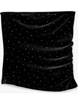 Koton Drape Detaylı Taşlı Straplez Kadife Bluz