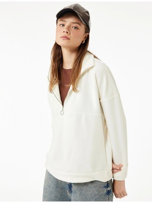 Oversize Uzun Kollu Yarım Fermuarlı Şardonlu Polar Sweatshirt