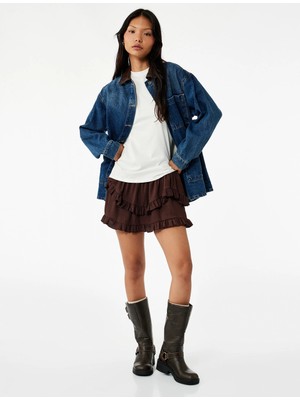 Katlı Volanlı Fırfırlı Yüksek Bel Bürümcük Mini Etek