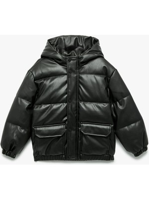 Uzun Kollu Kapşonlu Suni Deri Ceket