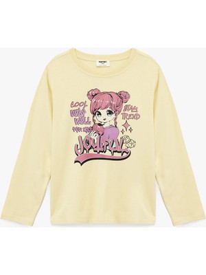 Pamuklu Uzun Kollu Bisiklet Yaka Anime Baskılı Tişört