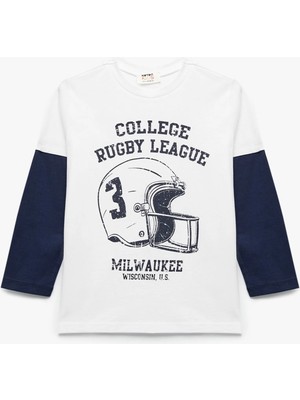 Pamuklu Bisiklet Yaka Uzun Kollu Baskılı Tişört