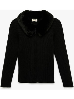 Koton Uzun Kollu Peluş Yaka Viskon Karışımlı Fermuarlı Triko Hırka