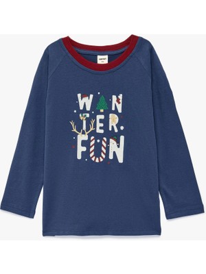 Koton Uzun Kollu Baskılı Tişört Erkek Çocuk Günlük Stil Lacivert Polyester Karışımlı