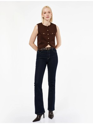 Gold Düğmeli Bisiklet Yaka Düğmeli Triko Yelek