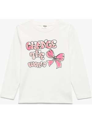 Pamuklu Uzun Kollu Bisiklet Yaka Fiyonk Baskılı Tişört