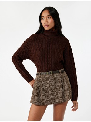 Uzun Kollu Balıkçı Yaka Saç Örgü Oversize Kazak