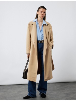 Koton Uzun Kollu Cep Detaylı Kruvaze Yaka Oversize Kemerli Uzun Trençkot