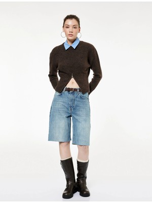 Koton Uzun Kollu Bisiklet Yaka Fermuar Detaylı Triko Kazak