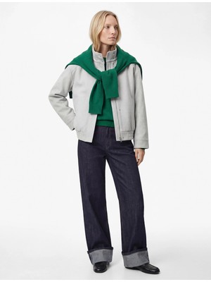 Koton Uzun Kollu Cepli Fermuarlı Dik Yaka Kaşe Bomber Ceket