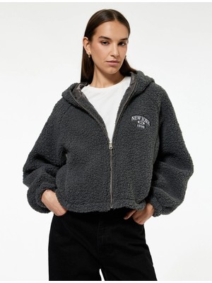 Oversize Kapüşonlu Nakışlı Fermuarlı Peluş Ceket