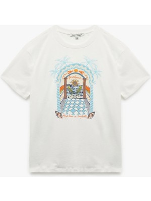 Koton Pamuklu Kısa Kollu Bisiklet Yaka Baskılı Oversize Tişört