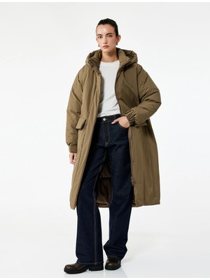 Koton Çıkarılabilir Kapüşonlu Uzun Kollu Fermuarlı Anorak Su Itici Oversize Uzun Mont