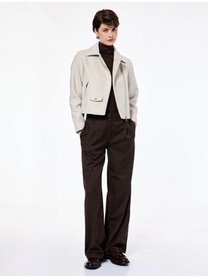 Koton Uzun Kollu Cepli Fermuarlı Crop Kaşe Ceket