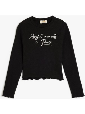 Koton Slogan Baskılı Bisiklet Yaka Pamuklu Siyah Kız Çocuk Uzun Kollu T-Shirt 5SKG10199AK