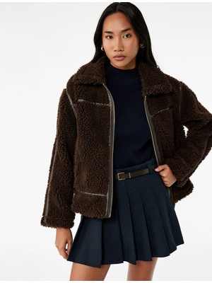 Koton Suni Süet Astarlı Uzun Kollu Cepli Fermuarlı Kısa Peluş Kaban