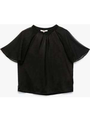 Tül Kısa Karpuz Kollu Bisiklet Yaka Bluz