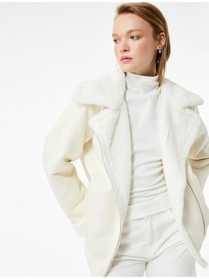 Koton Suni Kürklü Yaka Fermuarlı Cepli Süet Görünümlü Biker Ceket