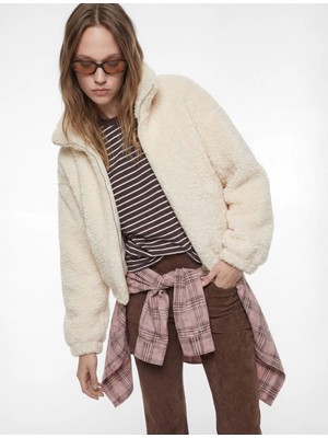 Koton Uzun Kollu Dik Yaka Fermuarlı Peluş Ceket