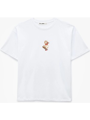 Koton Pamuklu Kısa Kollu Bisiklet Yaka Ördek Nakışlı Oversize Tişört