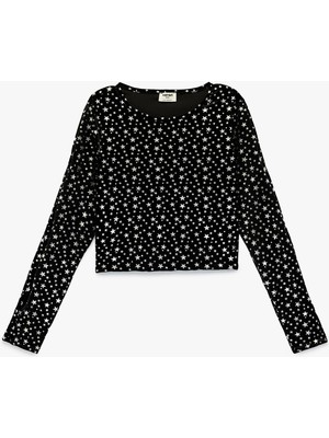 Koton Yıldız Desenli Uzun Kollu Bisiklet Yaka Crop Bluz