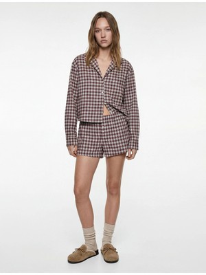 Koton Uzun Kollu Gömlek Yaka Oversize Crop Ekoseli Pijama Üstü