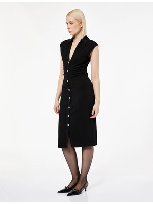 Drapeli V Yaka Midi Boy Düğmeli Kolsuz Gömlek Elbise